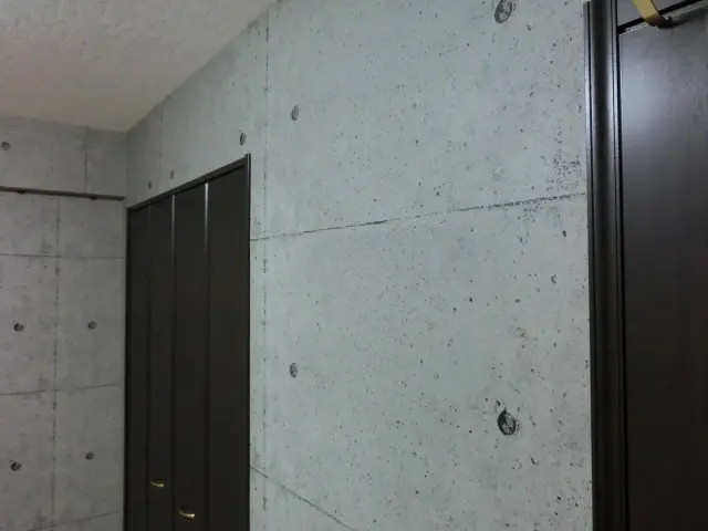 ダーク系の建具がコンクリート調壁紙と良く合っている様子