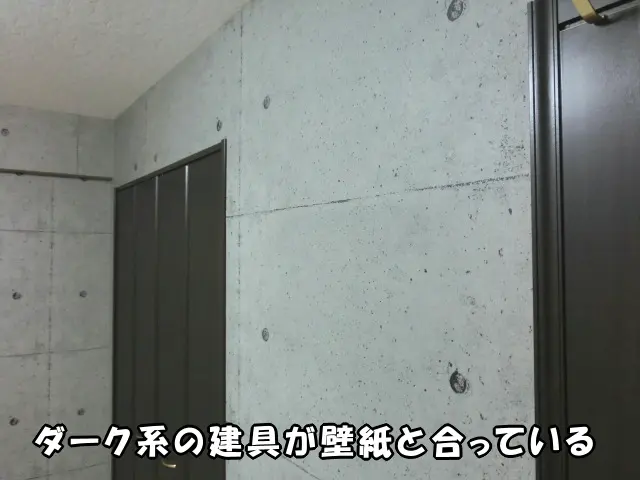 ダーク系の建具がコンクリート調壁紙と良く合っている様子